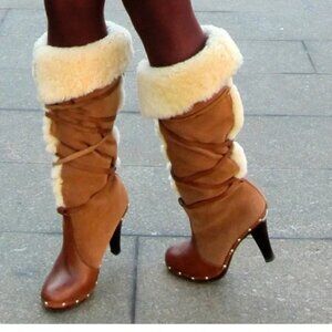 Michael Kors Tan Brown Over-the-Knee Shearling Trim Boots